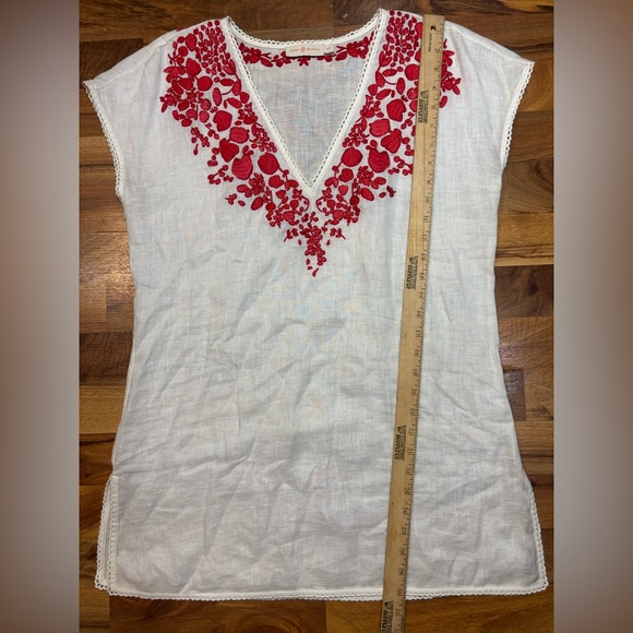 Tory Burch Linen Tunic Top M White Red Embroidered Boho Cover Up - Picture 4 of 7